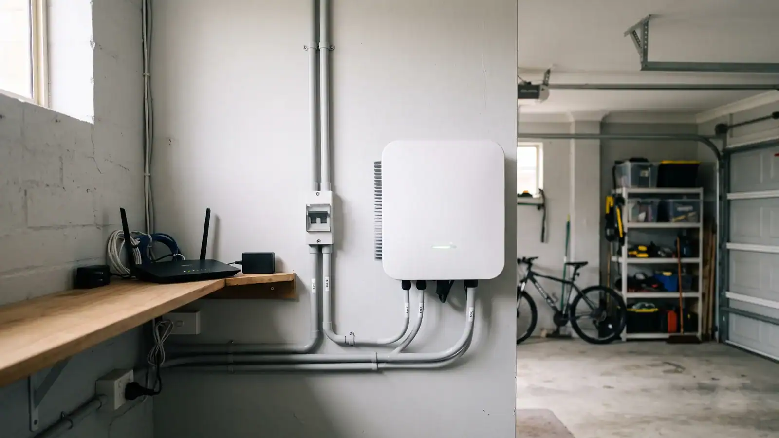 Residential solar inverter mounted on a garage wall next to a WiFi router