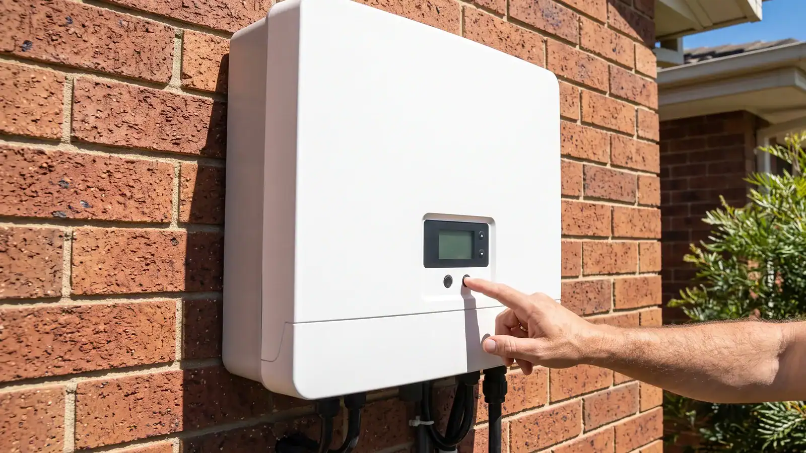 Person pressing a button on a white solar inverter mounted on a brick wall