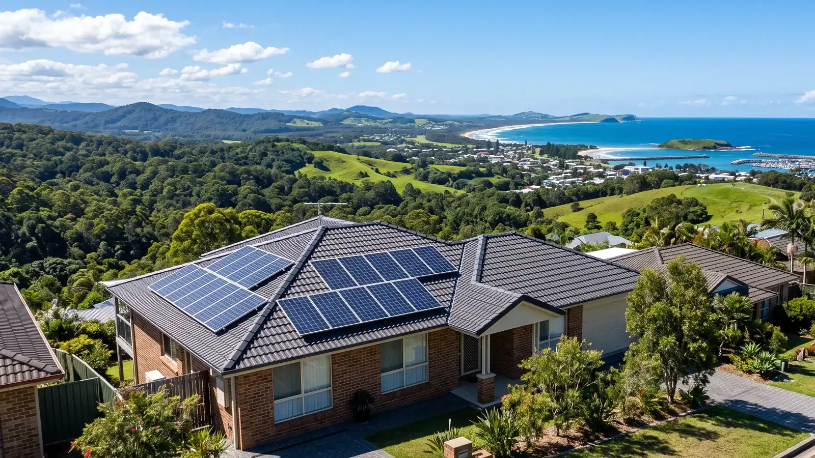 Solar panels on a suburban home roof overlooking Coffs Harbour