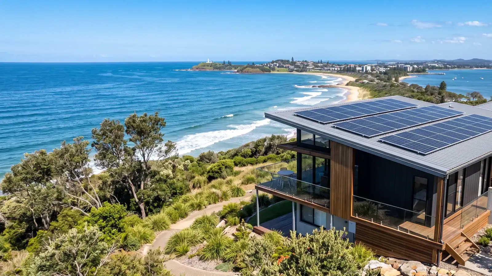 Solar panels on the roof of a modern coastal home in Port Macquarie