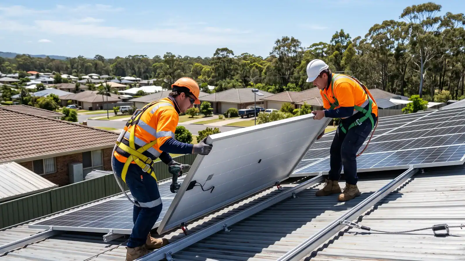 Installers fitting a solar panel to mounting rails on an Australian metal roof