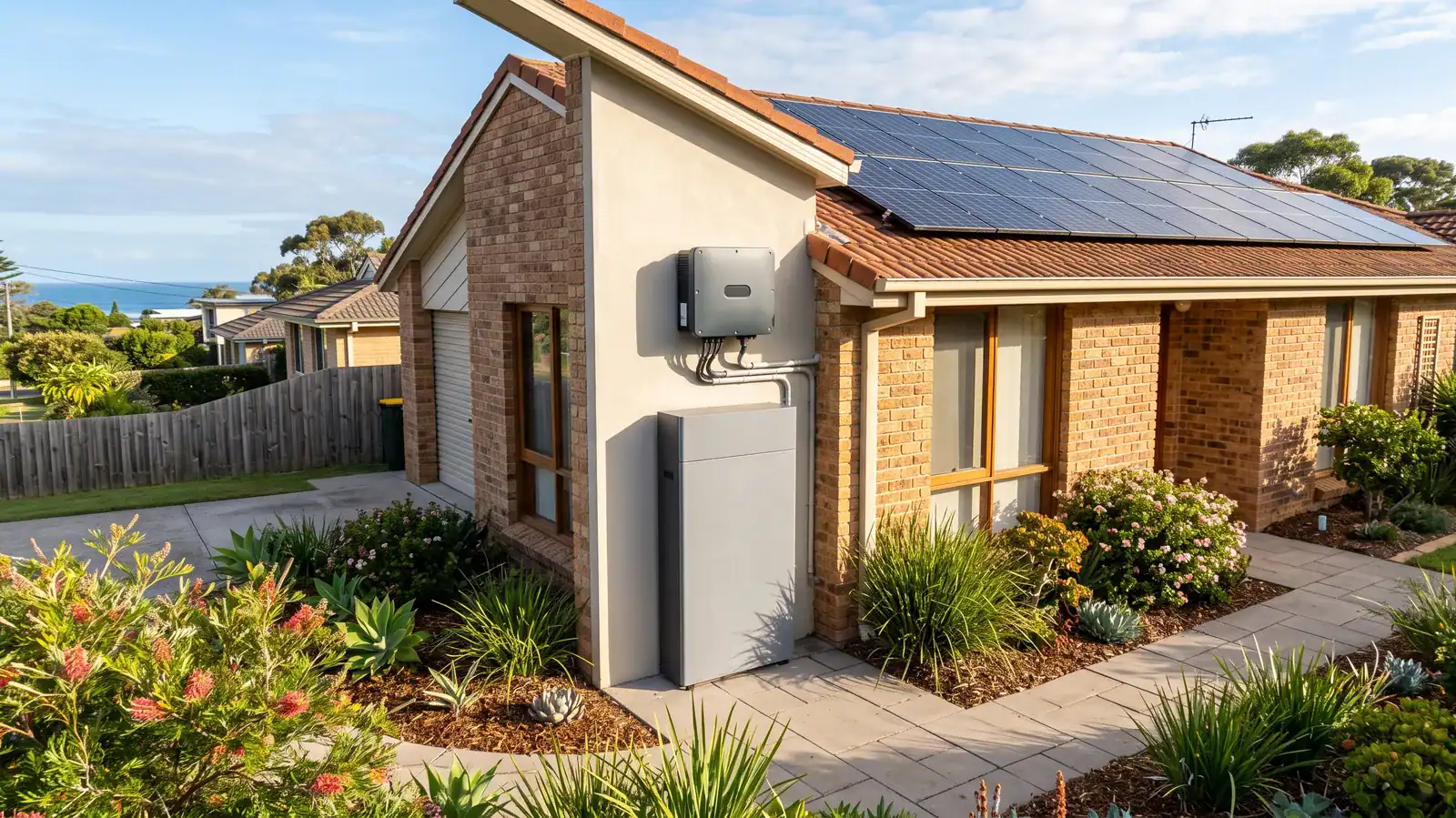 Home battery and inverter on the wall of a brick house with solar panels on the roof