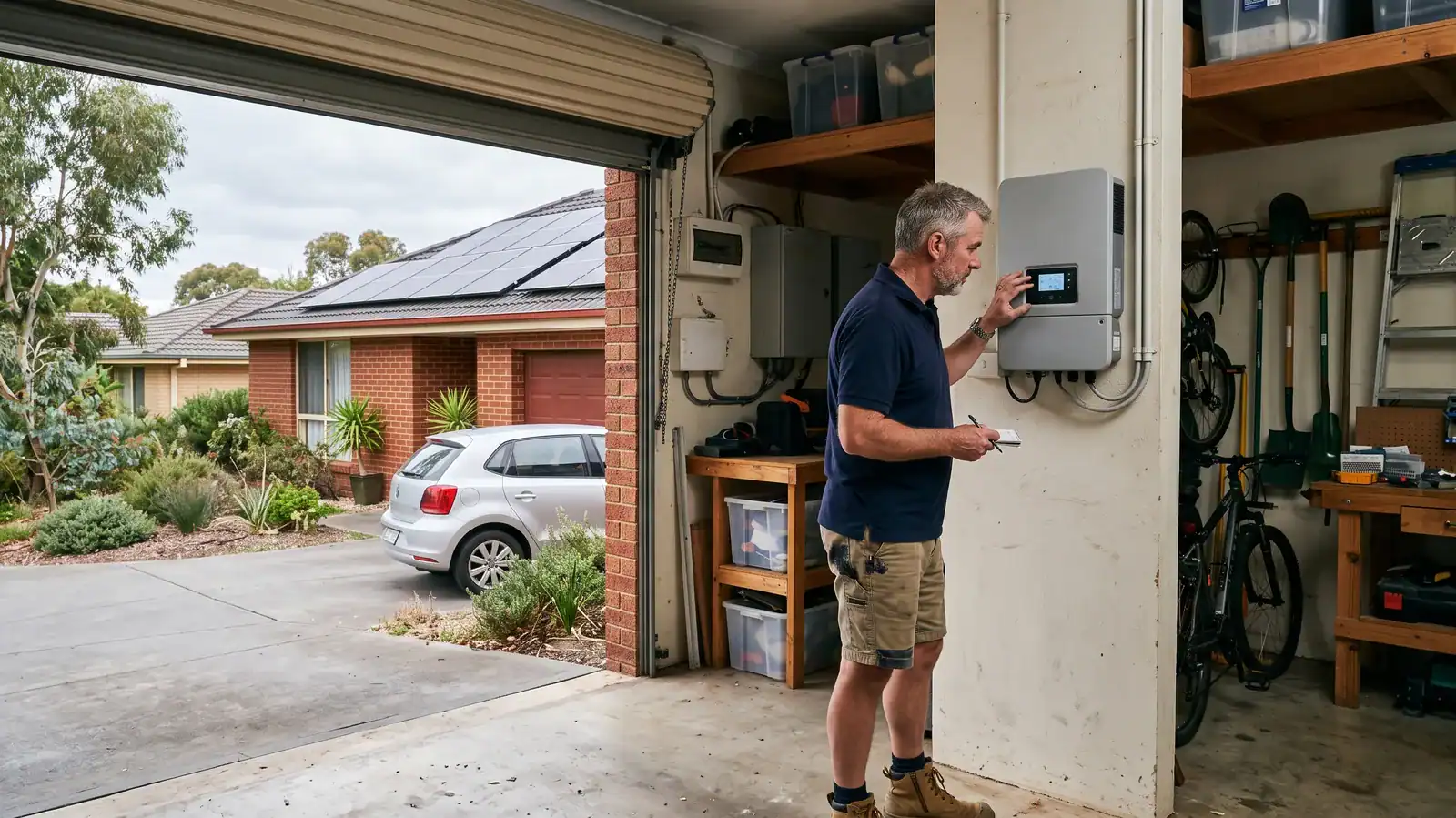 Homeowner checking the display on a wall-mounted solar inverter in a garage with rooftop solar panels visible outside